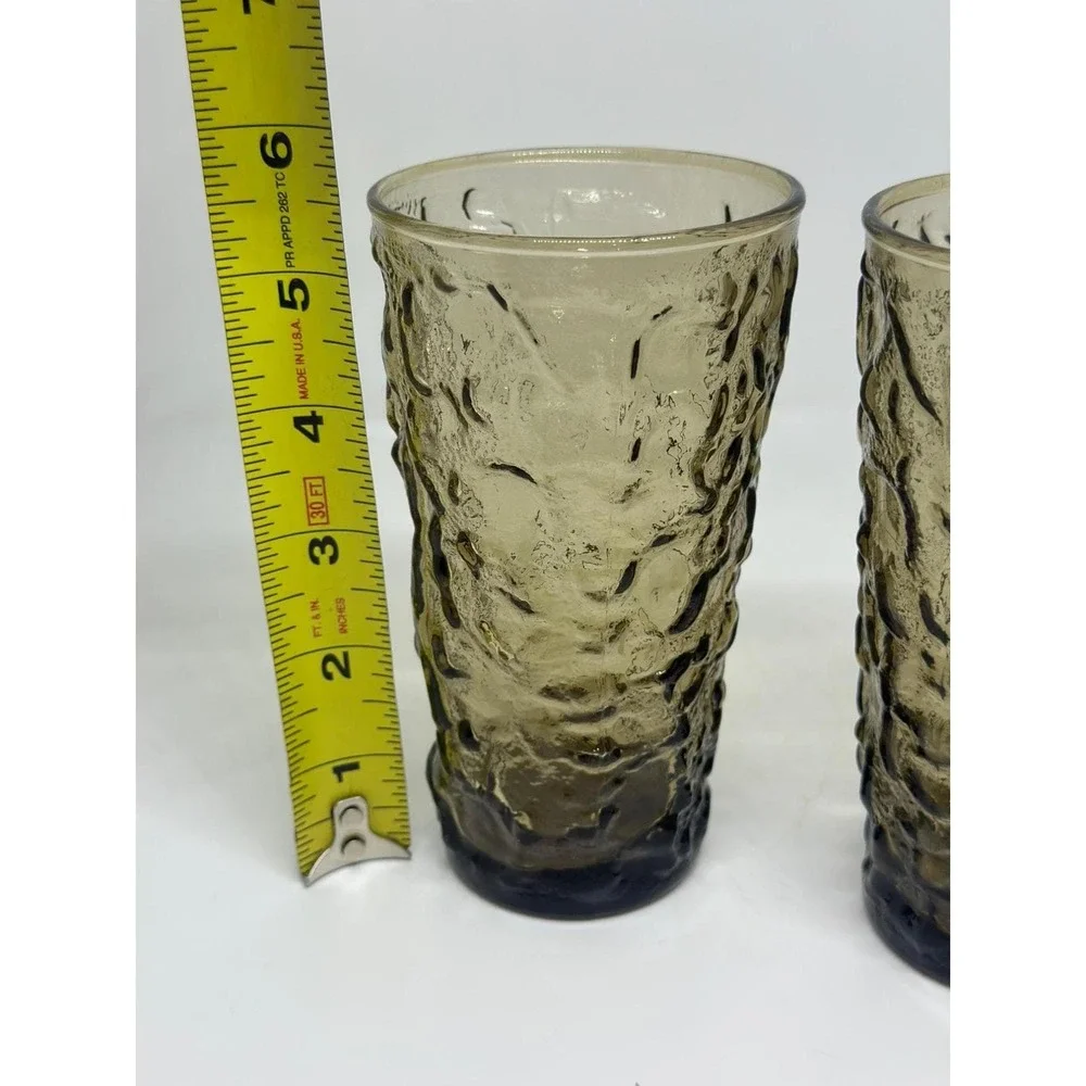 VTG Anchor Hocking Lido Milano Smoke Glass Tumblers Set Textured Bark Brown 5.5